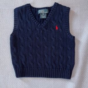 Polo by Ralph Lauren Navy Cable Knit V-Neck Sweater Vest with Red Pony Logo